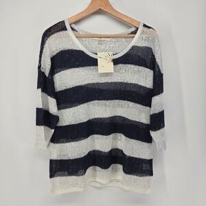 Boston Proper Stripe Sequin Sweater Women Large Navy White Nautical Open Knit L